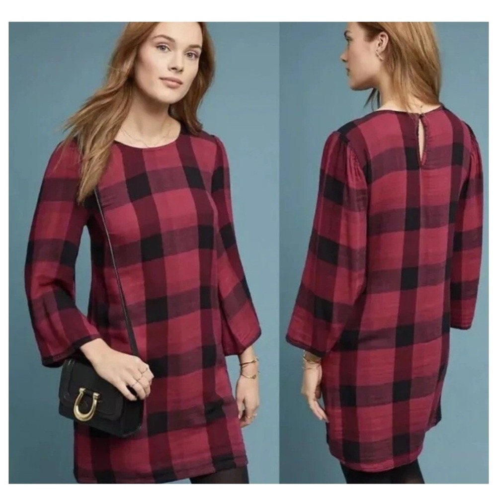 Anthropologie Cloth & Stone Plaid Shift Dress Small Bell Sleeve Mini Boho Preppy